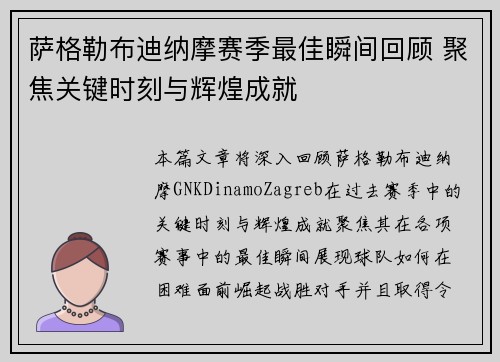 萨格勒布迪纳摩赛季最佳瞬间回顾 聚焦关键时刻与辉煌成就